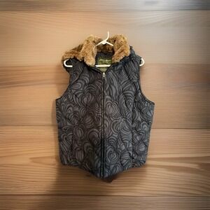 Eddie Bauer Goose Down Puffer Vest Womens Large Hood Quilted Faux Fur Puffy XL